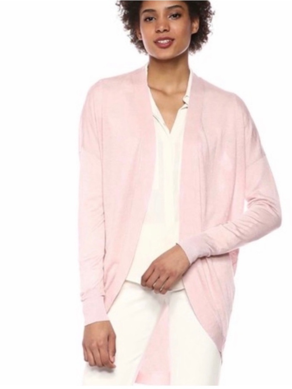 Theory P Petite Pink Linen Blended Open Front Waterfall Cardigan Sweater P